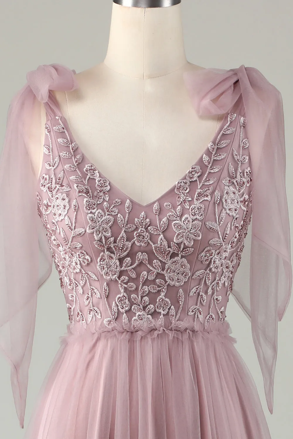 Tulle V-Neck Dusty Pink Bridesmaid Dress with Beading sold by Zapaka product image thumbnail 4
