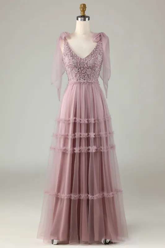 Tulle V-Neck Dusty Pink Bridesmaid Dress with Beading sold by Zapaka