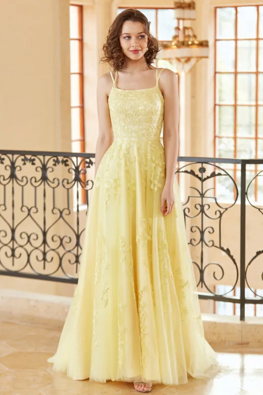 Gorgeous A Line Spaghetti Straps Yellow Long Prom Dress with Appliques sold by Zapaka