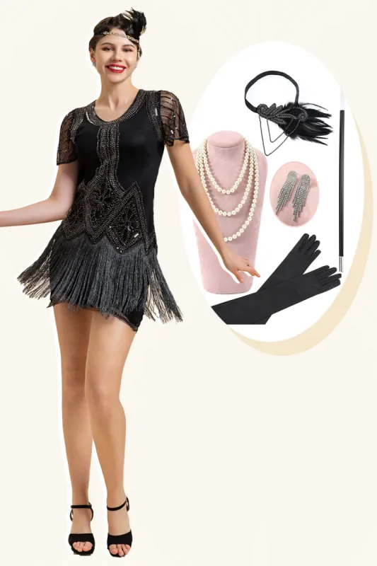 Black Beading Fringes Flapper Dress with 1920s Accessories Set sold by Zapaka