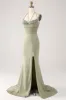 Sheath Pistachio V-Neck Beaded Long Prom Dress With Slit sold by Zapaka