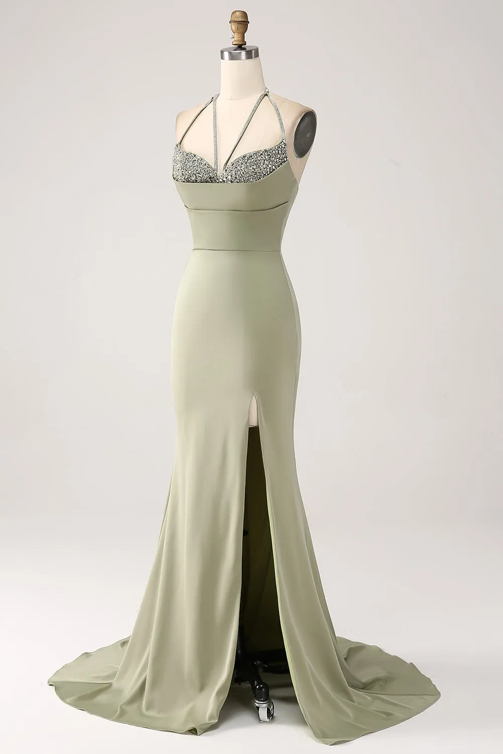 Sheath Pistachio V-Neck Beaded Long Prom Dress With Slit sold by Zapaka product image thumbnail 3