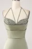 Sheath Pistachio V-Neck Beaded Long Prom Dress With Slit sold by Zapaka