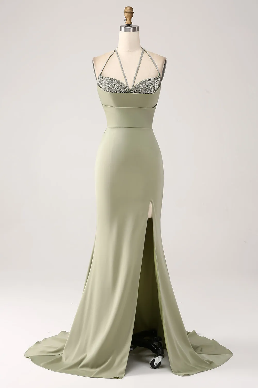 Sheath Pistachio V-Neck Beaded Long Prom Dress With Slit sold by Zapaka