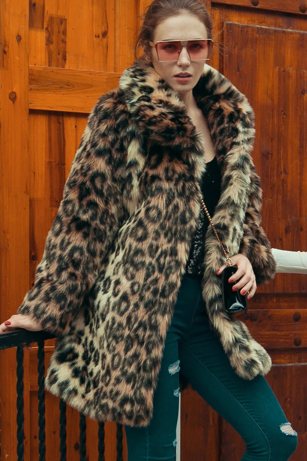 Brown Leopard Lapel Neck Midi Faux Fur Shearling Coat sold by Zapaka product image thumbnail 4