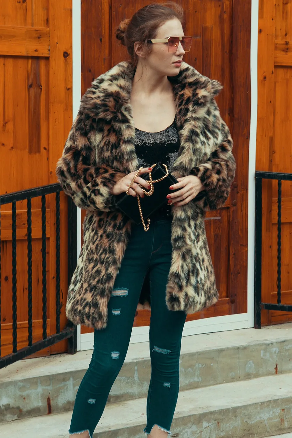 Brown Leopard Lapel Neck Midi Faux Fur Shearling Coat sold by Zapaka