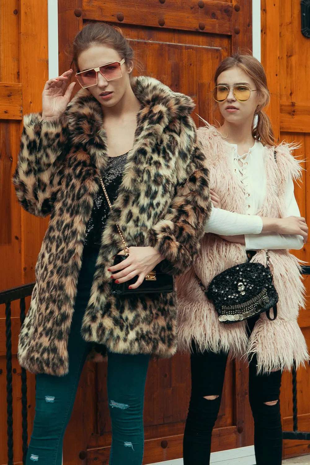 Brown Leopard Lapel Neck Midi Faux Fur Shearling Coat sold by Zapaka product image thumbnail 5