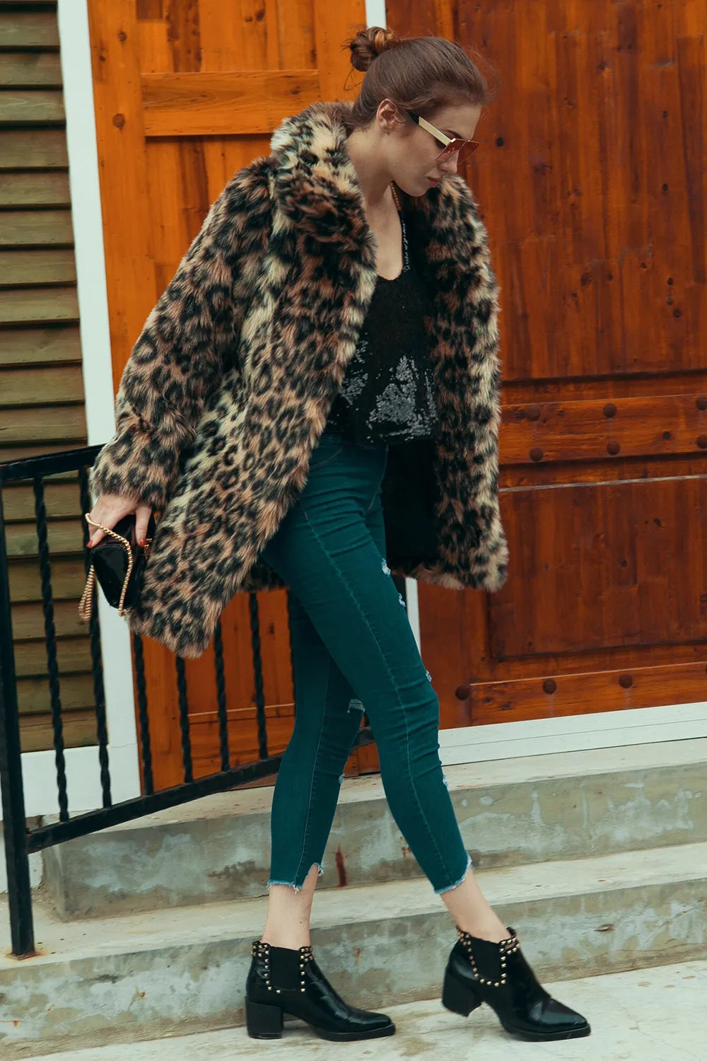 Brown Leopard Lapel Neck Midi Faux Fur Shearling Coat sold by Zapaka product image thumbnail 3