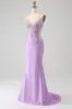 Trendy Mermaid Spaghetti Straps Lilac Long Prom Dress with Appliques Beading sold by Zapaka