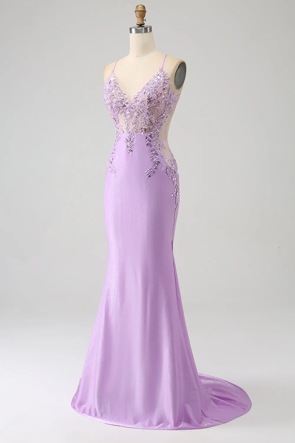 Trendy Mermaid Spaghetti Straps Lilac Long Prom Dress with Appliques Beading sold by Zapaka product image thumbnail 3