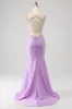 Trendy Mermaid Spaghetti Straps Lilac Long Prom Dress with Appliques Beading sold by Zapaka
