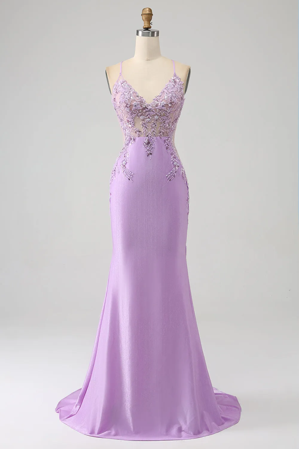 Trendy Mermaid Spaghetti Straps Lilac Long Prom Dress with Appliques Beading sold by Zapaka