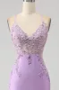 Trendy Mermaid Spaghetti Straps Lilac Long Prom Dress with Appliques Beading sold by Zapaka