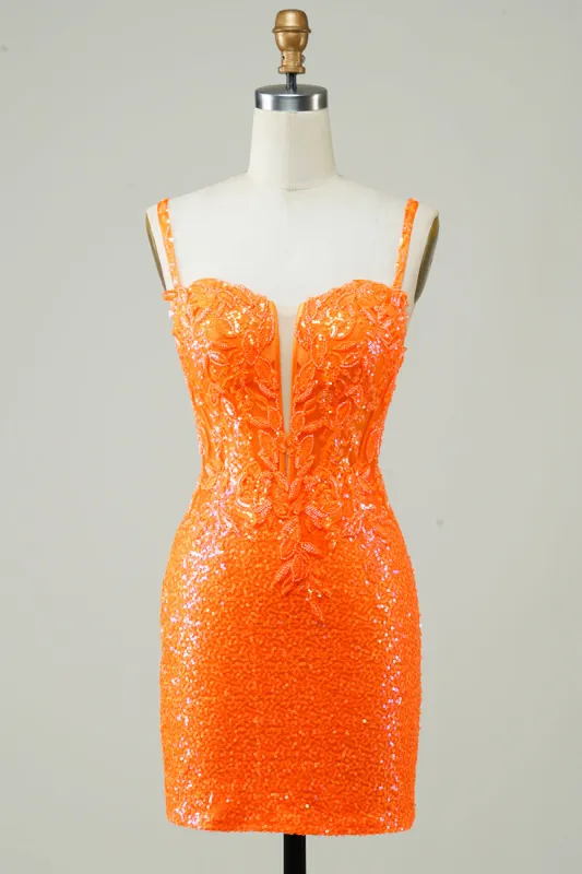 Glitter Orange Tight Corset Lace Up Back Sequin Homecoming Dress with Beading sold by Zapaka