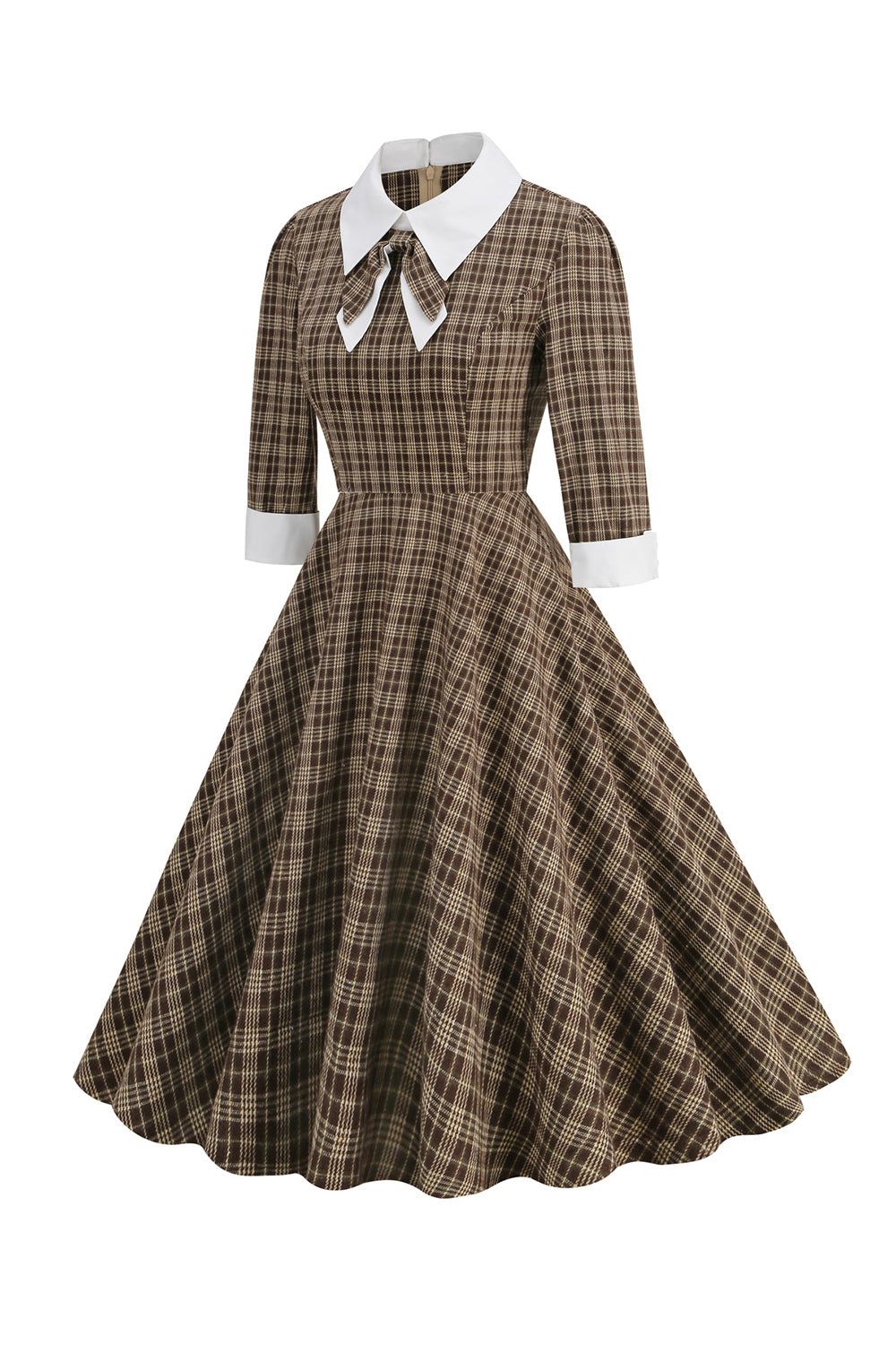 Coffee Plaid Vintage 1950s Dress with Long Sleeves sold by Zapaka product image thumbnail 3