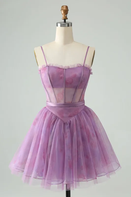 Purple A Line Spaghetti Straps Floral Corset Short Homecoming Dress sold by Zapaka