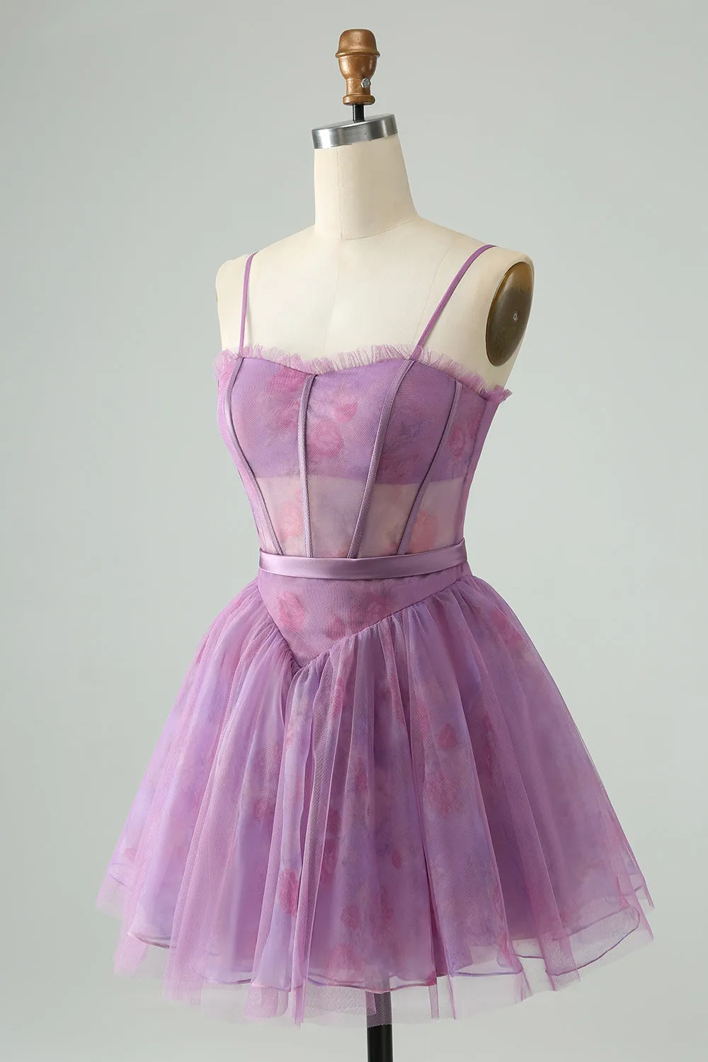 Purple A Line Spaghetti Straps Floral Corset Short Homecoming Dress sold by Zapaka product image thumbnail 3