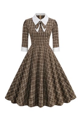 Coffee Plaid Vintage 1950s Dress with Long Sleeves sold by Zapaka