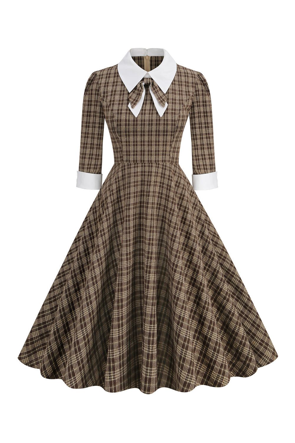 Coffee Plaid Vintage 1950s Dress with Long Sleeves sold by Zapaka