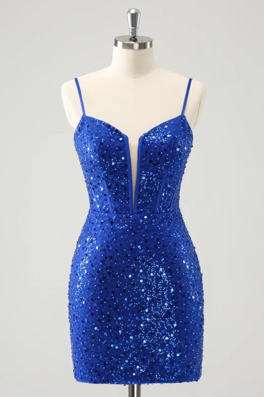 Sparkly Royal Blue Corset Tight Short Homecoming Dress with Sequins sold by Zapaka