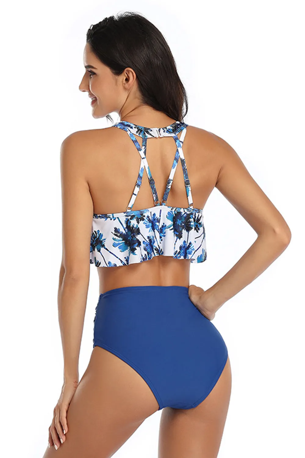 Floral and Plain Halter Falbala High Waist Two Piece Bikini Set Swimsuit sold by Zapaka product image thumbnail 2