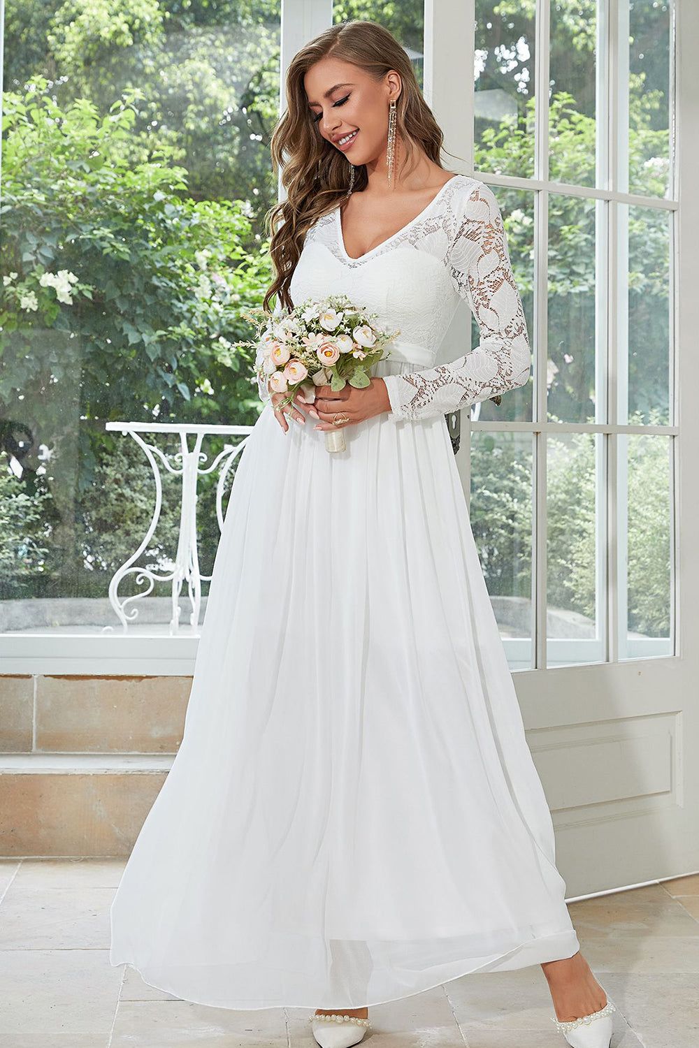 White Chiffon Long Wedding Guest Dress with Lace sold by Zapaka product image thumbnail 4