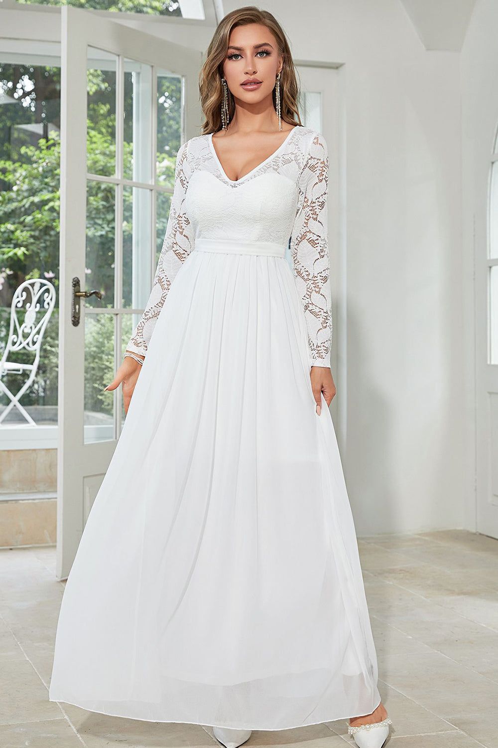 White Chiffon Long Wedding Guest Dress with Lace sold by Zapaka