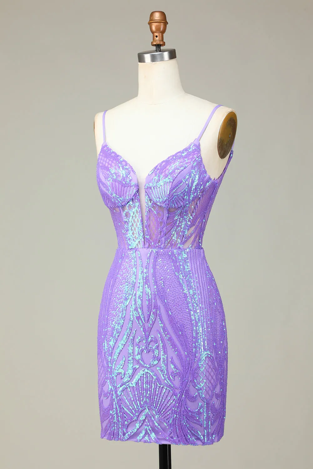 Stylish Bodycon Spaghetti Straps Lilac Sequins Corset Homecoming Dress with Criss Cross Back sold by Zapaka product image thumbnail 3