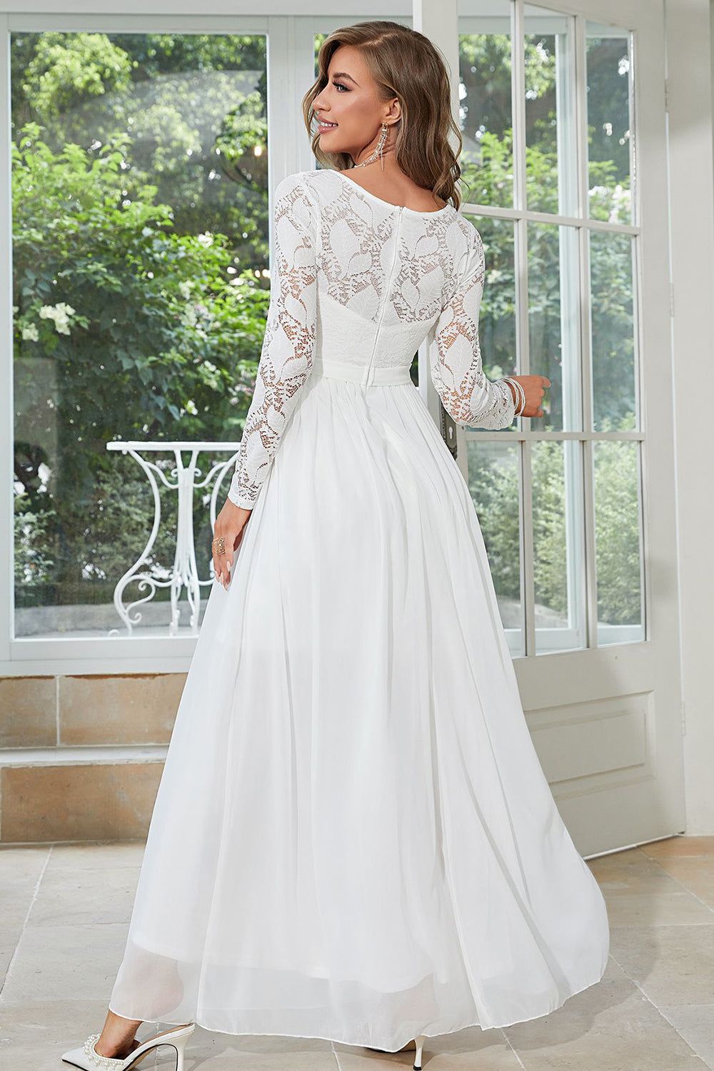 White Chiffon Long Wedding Guest Dress with Lace sold by Zapaka product image thumbnail 2