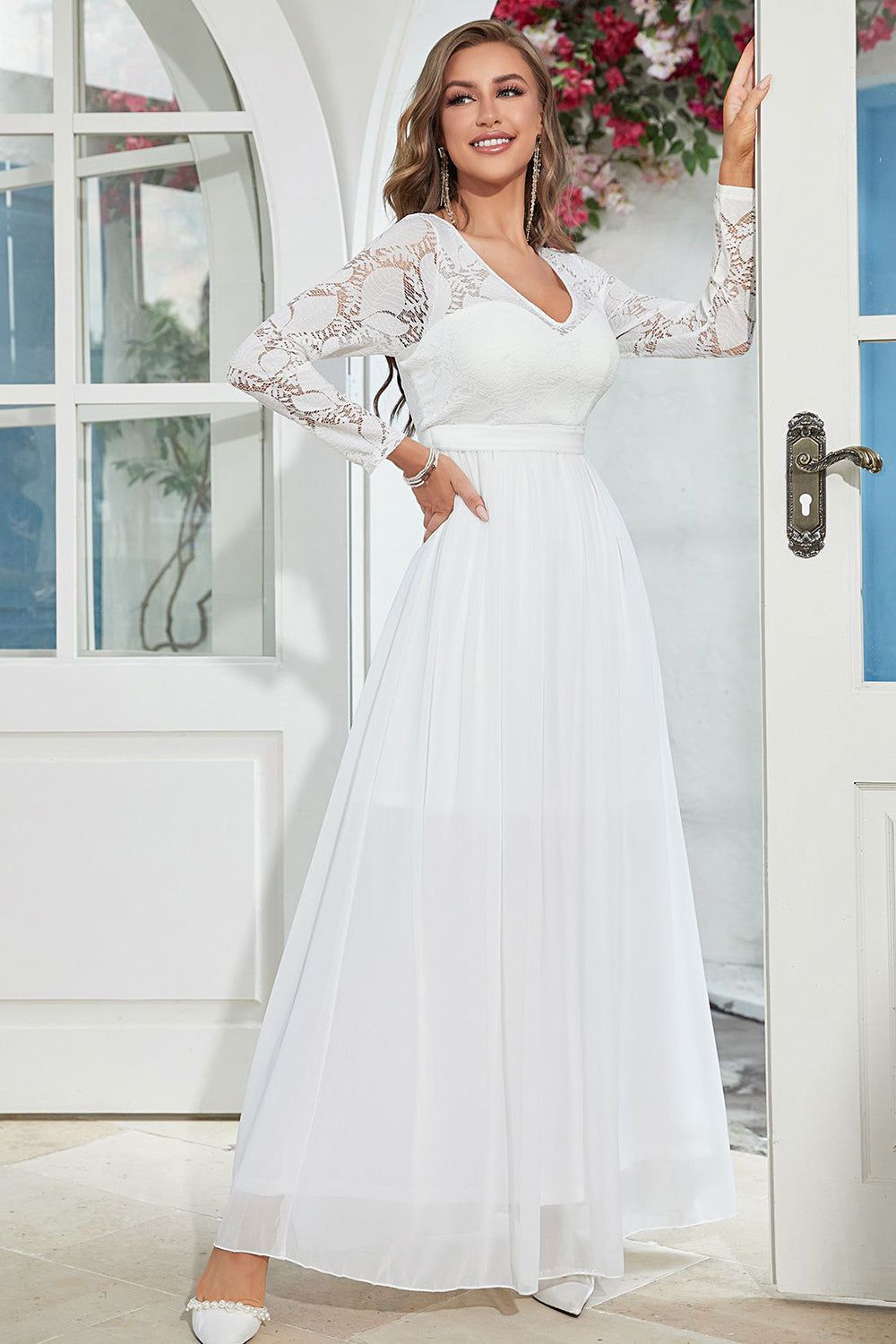 White Chiffon Long Wedding Guest Dress with Lace sold by Zapaka product image thumbnail 3