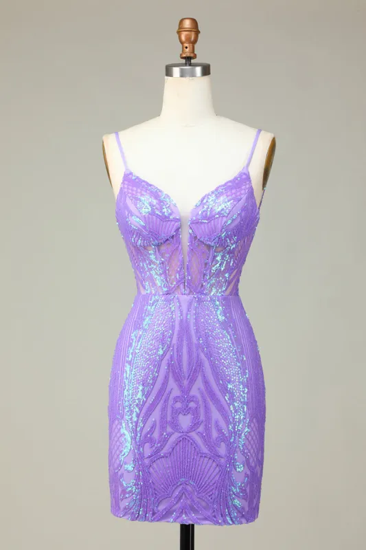 Stylish Bodycon Spaghetti Straps Lilac Sequins Corset Homecoming Dress with Criss Cross Back sold by Zapaka