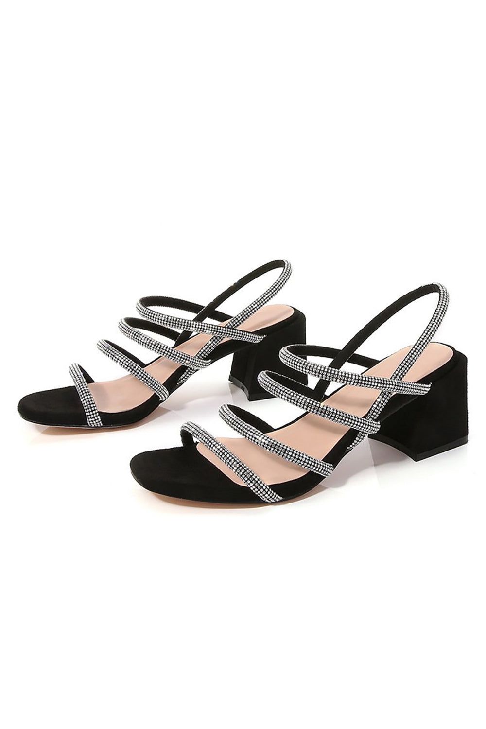 Black Rhinestones Strappy Chunky Heels sold by Zapaka