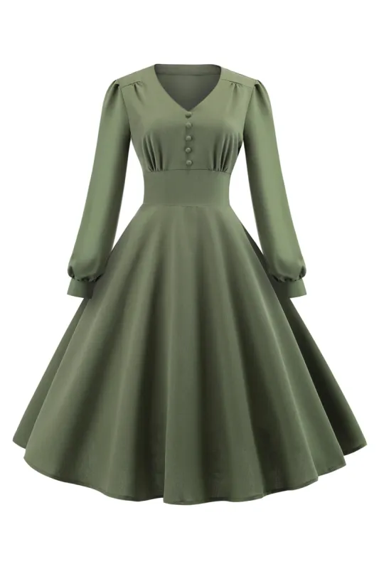 Green V-Neck Long Sleeves Vintage Swing Dress sold by Zapaka