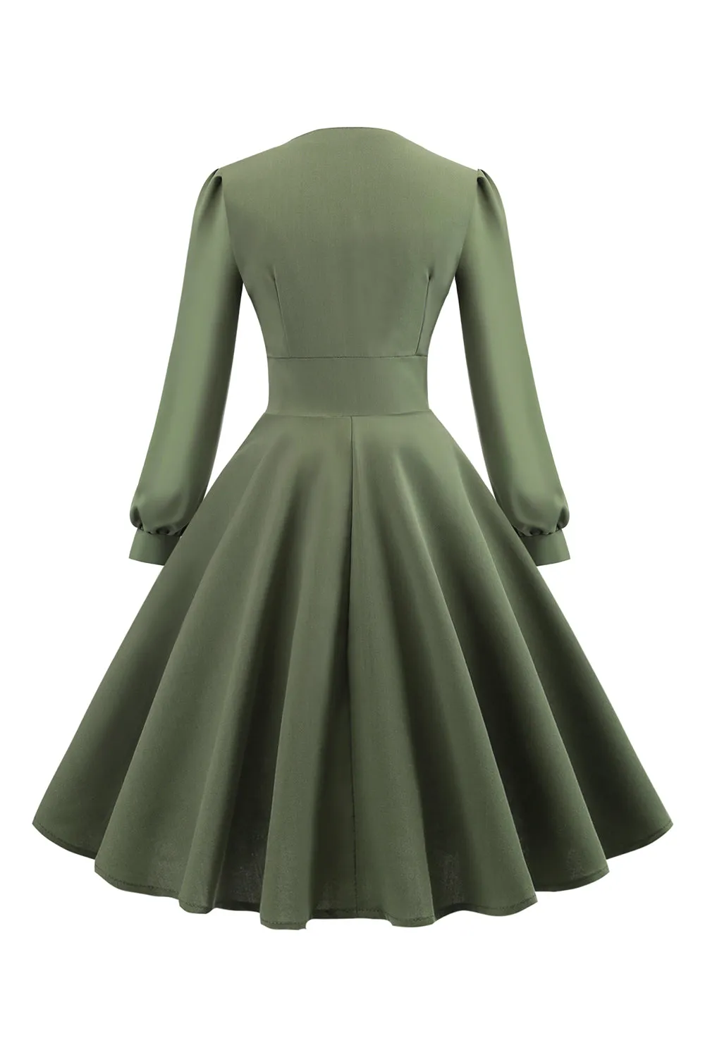 Green V-Neck Long Sleeves Vintage Swing Dress sold by Zapaka product image thumbnail 2