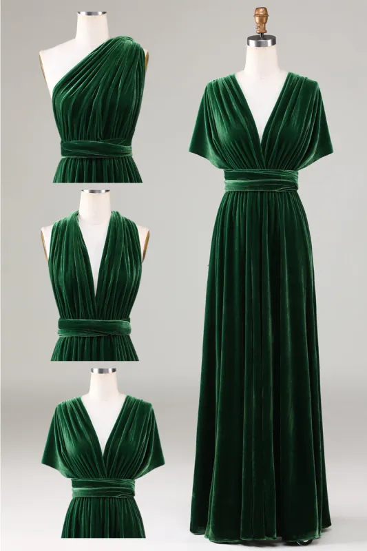 Dark Green Covertible Wear Velvet Long Bridesmaid Dress sold by Zapaka