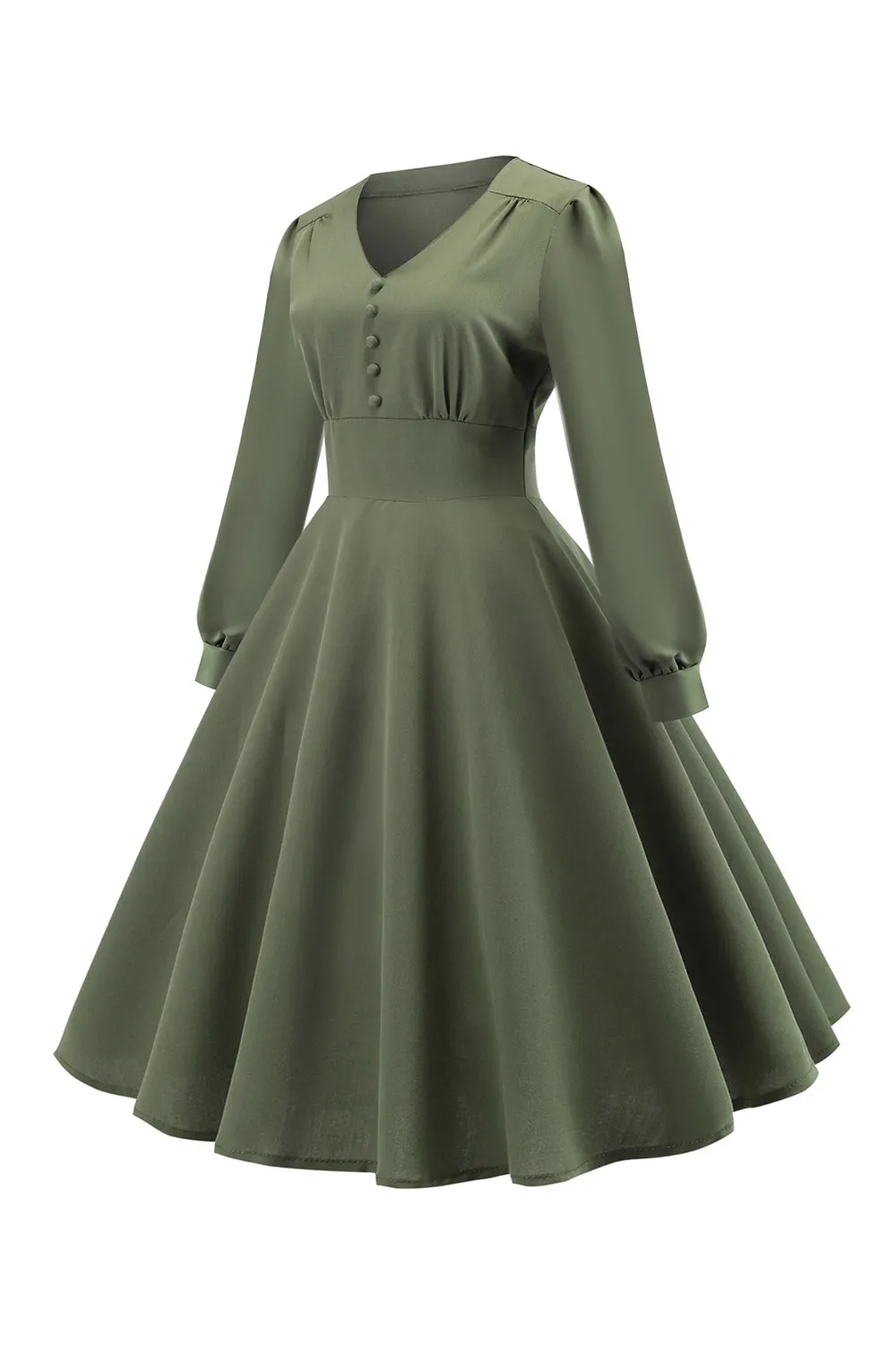 Green V-Neck Long Sleeves Vintage Swing Dress sold by Zapaka product image thumbnail 3