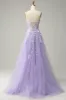A Line Spaghetti Straps Long Purple Prom Dress with Appliques sold by Zapaka
