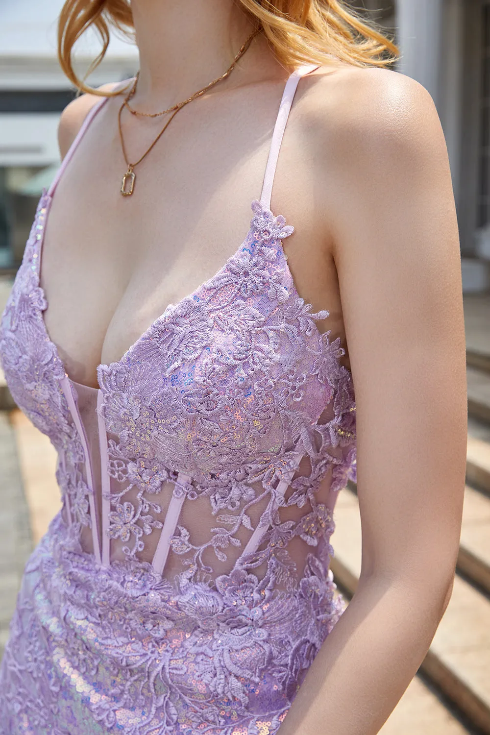 Purple Sparkly Appliques Corset Prom Dress with Slit sold by Zapaka product image thumbnail 4