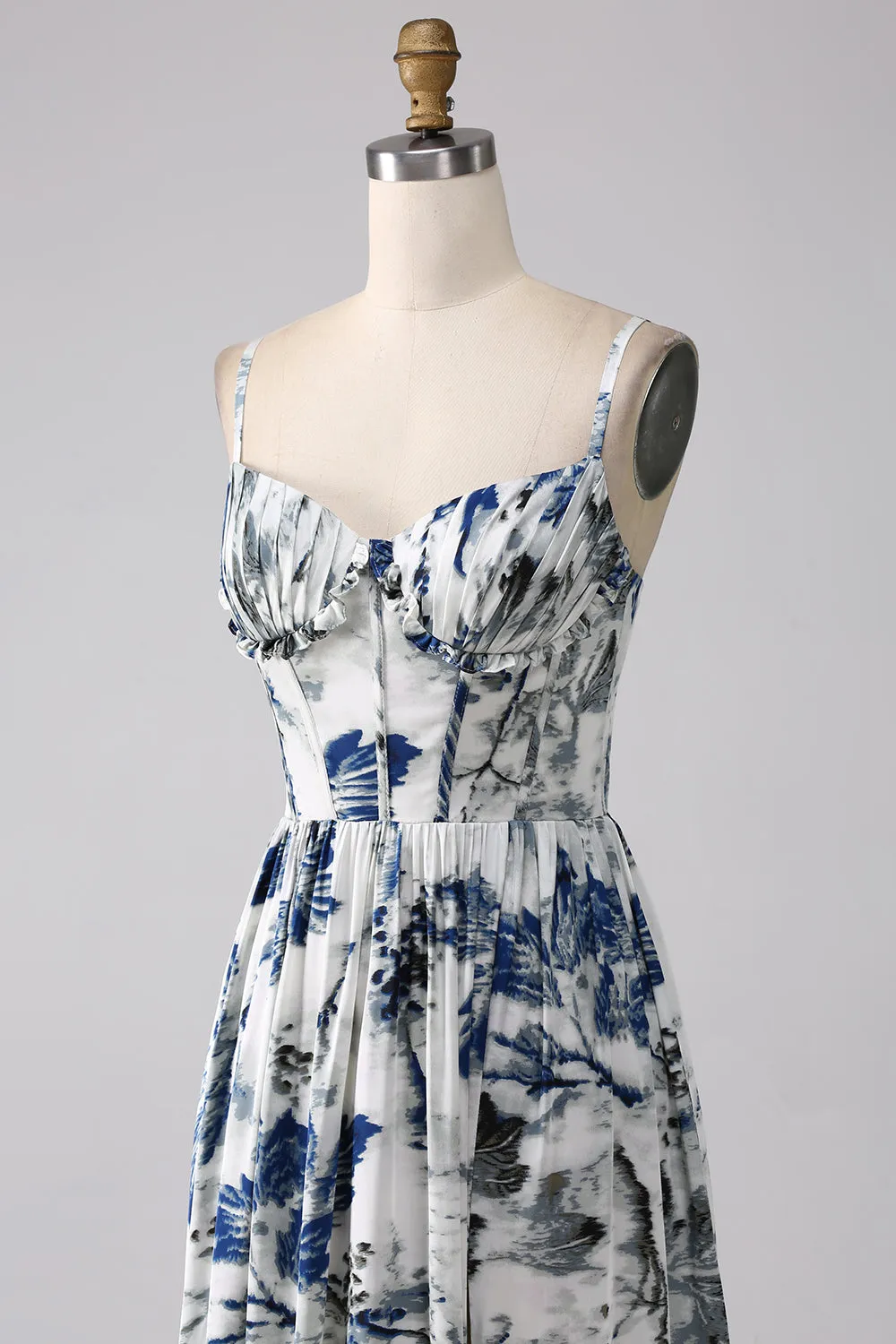 Pleated Blue Printed Corset Long Prom Dress with Slit sold by Zapaka product image thumbnail 5