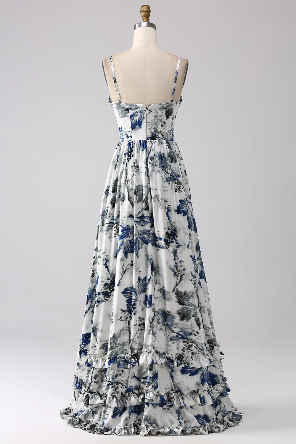 Pleated Blue Printed Corset Long Prom Dress with Slit sold by Zapaka product image thumbnail 2