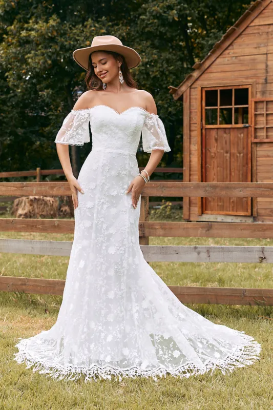 Ivory Mermaid Lace Sweep Train Wedding Dress with Sleeves sold by Zapaka