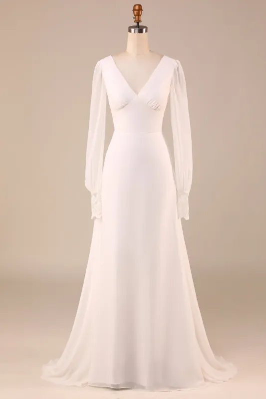 Ivory Long Sleeves Boho Chiffon Open Back Wedding Dress sold by Zapaka
