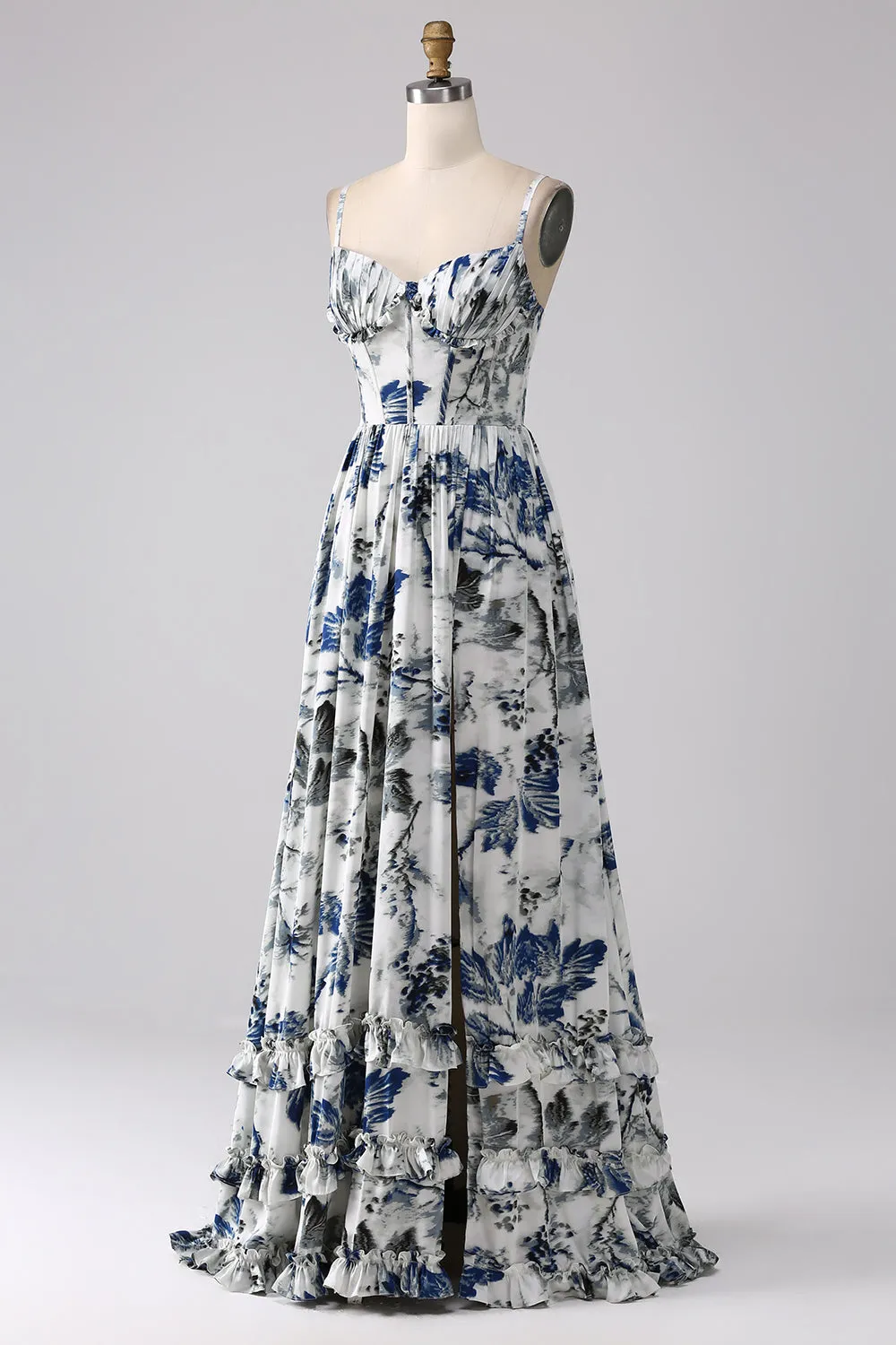 Pleated Blue Printed Corset Long Prom Dress with Slit sold by Zapaka product image thumbnail 3