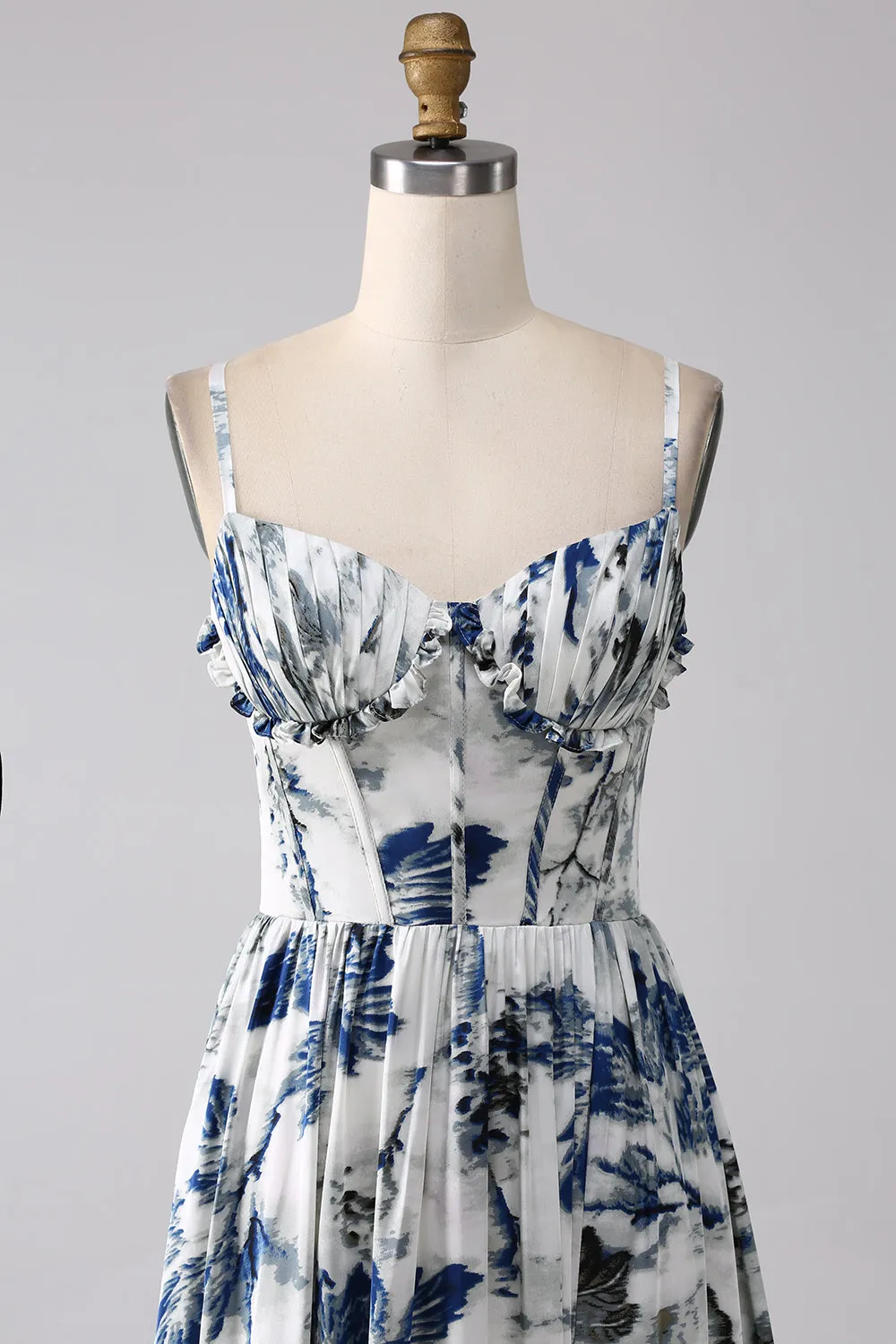 Pleated Blue Printed Corset Long Prom Dress with Slit sold by Zapaka product image thumbnail 4