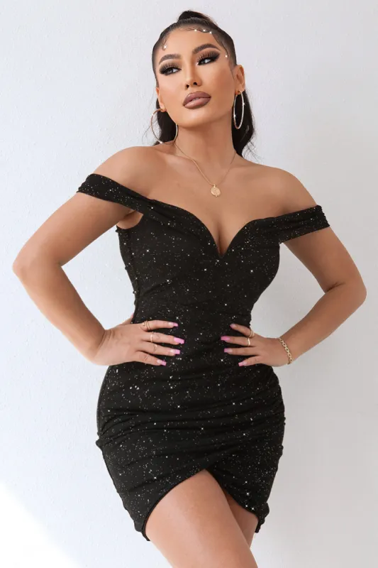 Black Sparkly Off The Shoulder Beading Bodycon Short Cocktail Dress sold by Zapaka