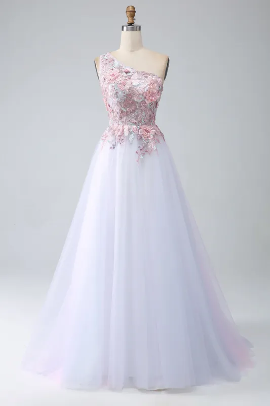 A-Line One Shoulder Pink Prom Dress with Appliques sold by Zapaka