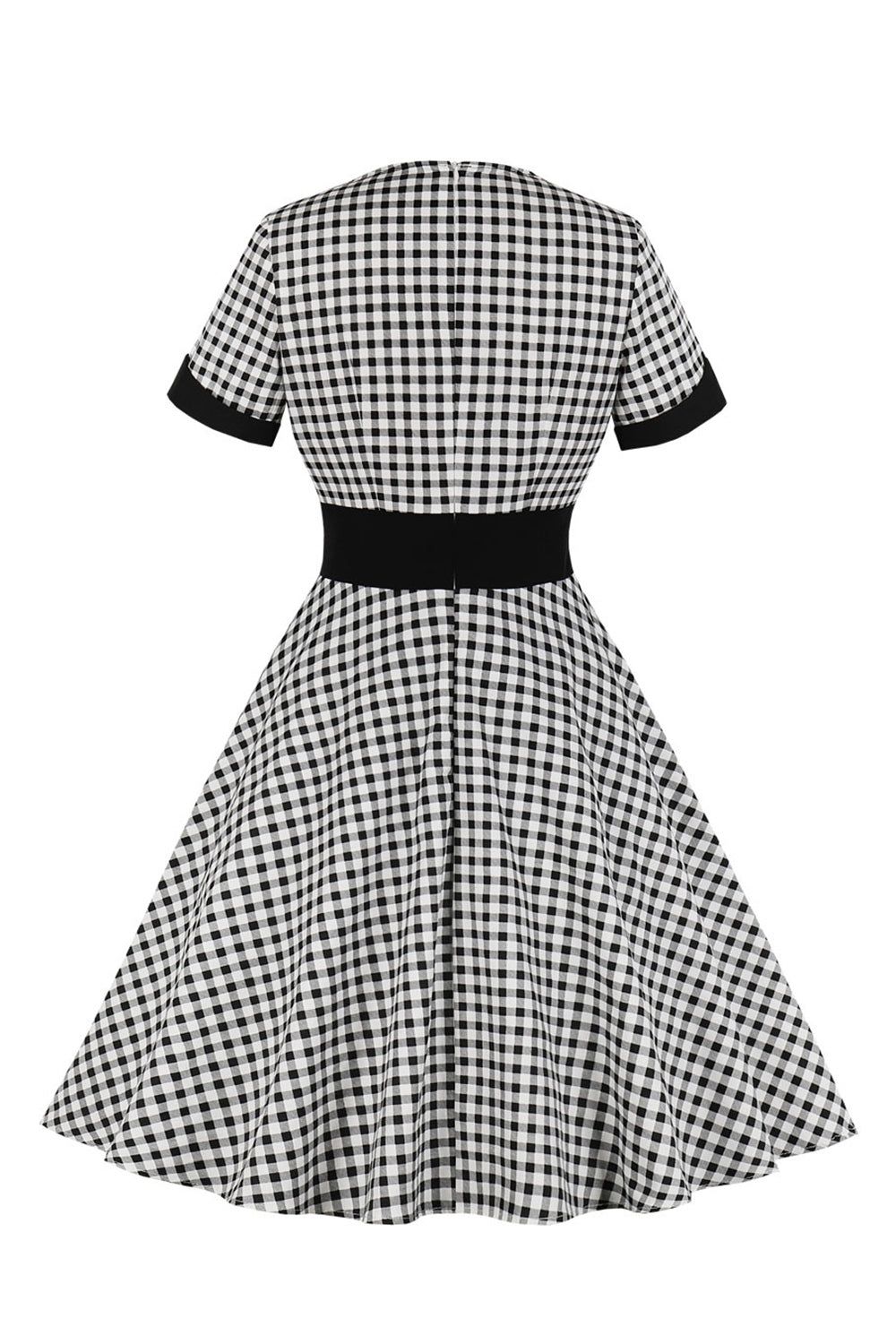 Sweetheart Short Sleeves Plaid Black Vintage Dress with Button sold by Zapaka product image thumbnail 2