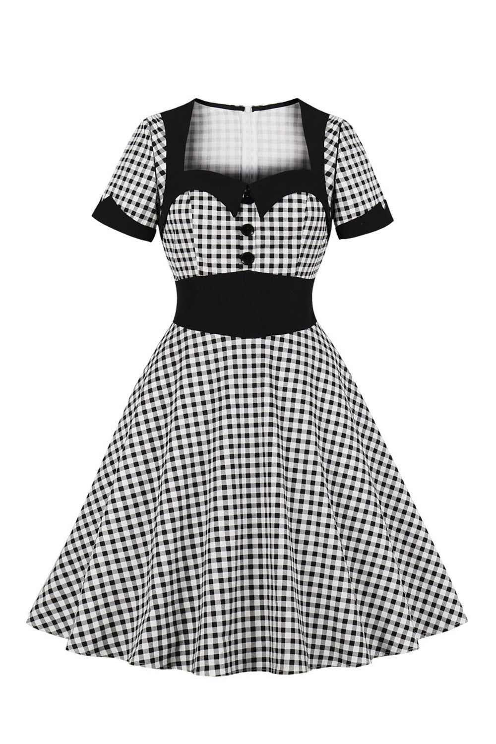 Sweetheart Short Sleeves Plaid Black Vintage Dress with Button sold by Zapaka