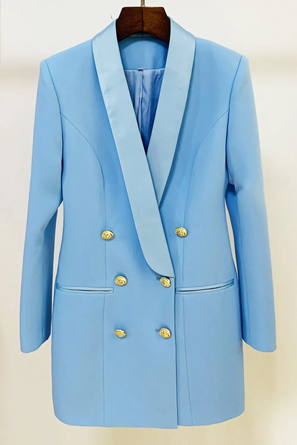 Blue Buttoned Satin Lapel Blazer Dress sold by Zapaka