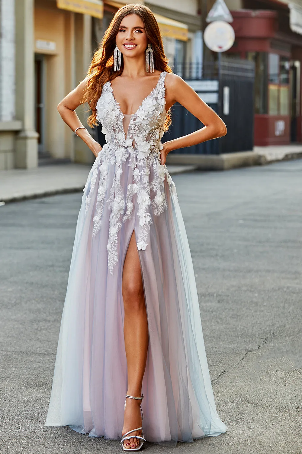 Grey Pink A Line Deep V Neck Long Prom Dress with Appliques sold by Zapaka product image thumbnail 4